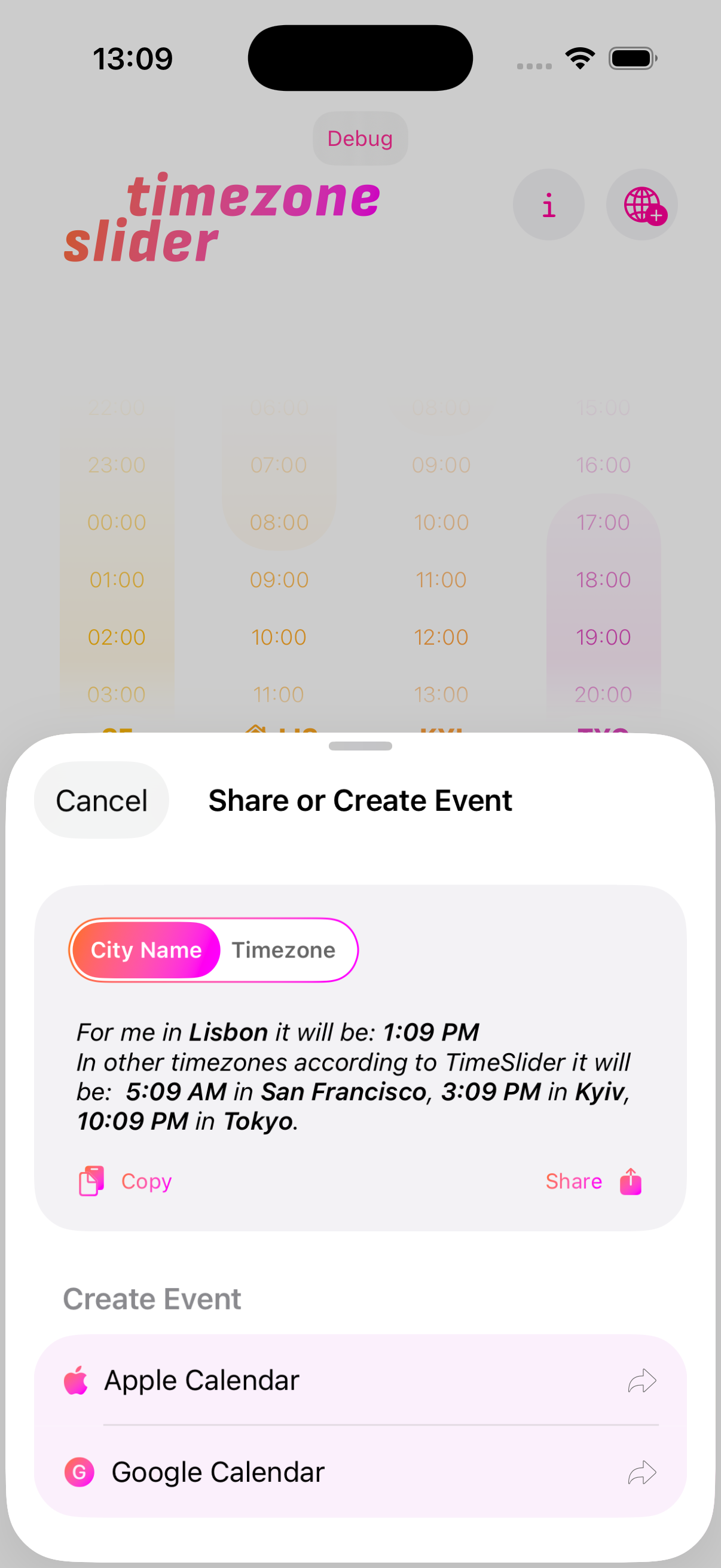 Time Slider share timezone comparison screen for messaging and collaboration